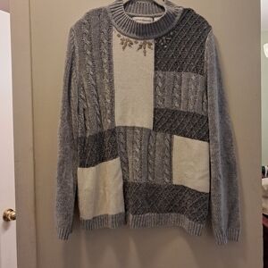 Alfred Dunner Gray and Cream Patchwork Sweater